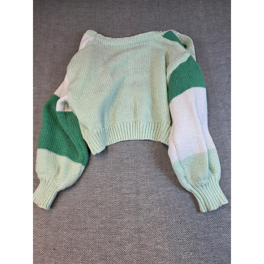 SHEIN Womens Green Colorblock Chunky Knit Cardigan Balloon Sleeve Sweater Size M - Picture 9 of 10